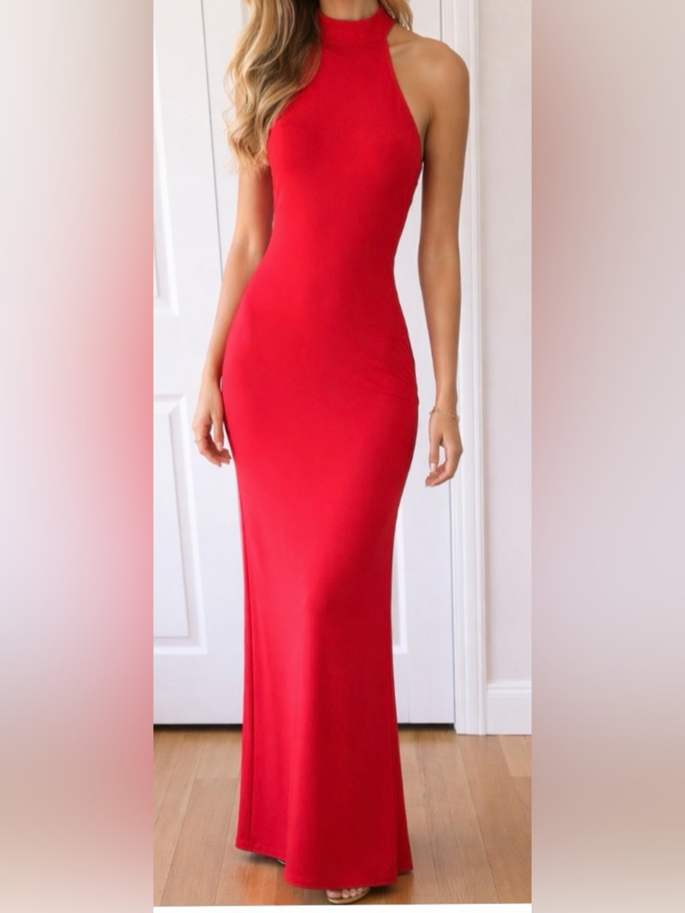 Elegant Red Halter-Style Maxi Dress - Sleek Evening Gown